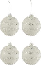 J-Line Doos Van 4 Kerstballen Lijnen Glitter+Parels Wit/Zilver Glas Mat Wit Medium