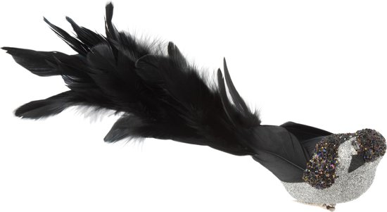 J-Line figuur - vogel + clip - veren - zwart - large