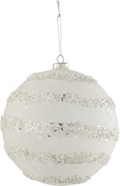 J-Line Kerstbal Lijnen Glitter+Parels Wit/Zilver Glas Mat Wit Extra Large - 6 stuks