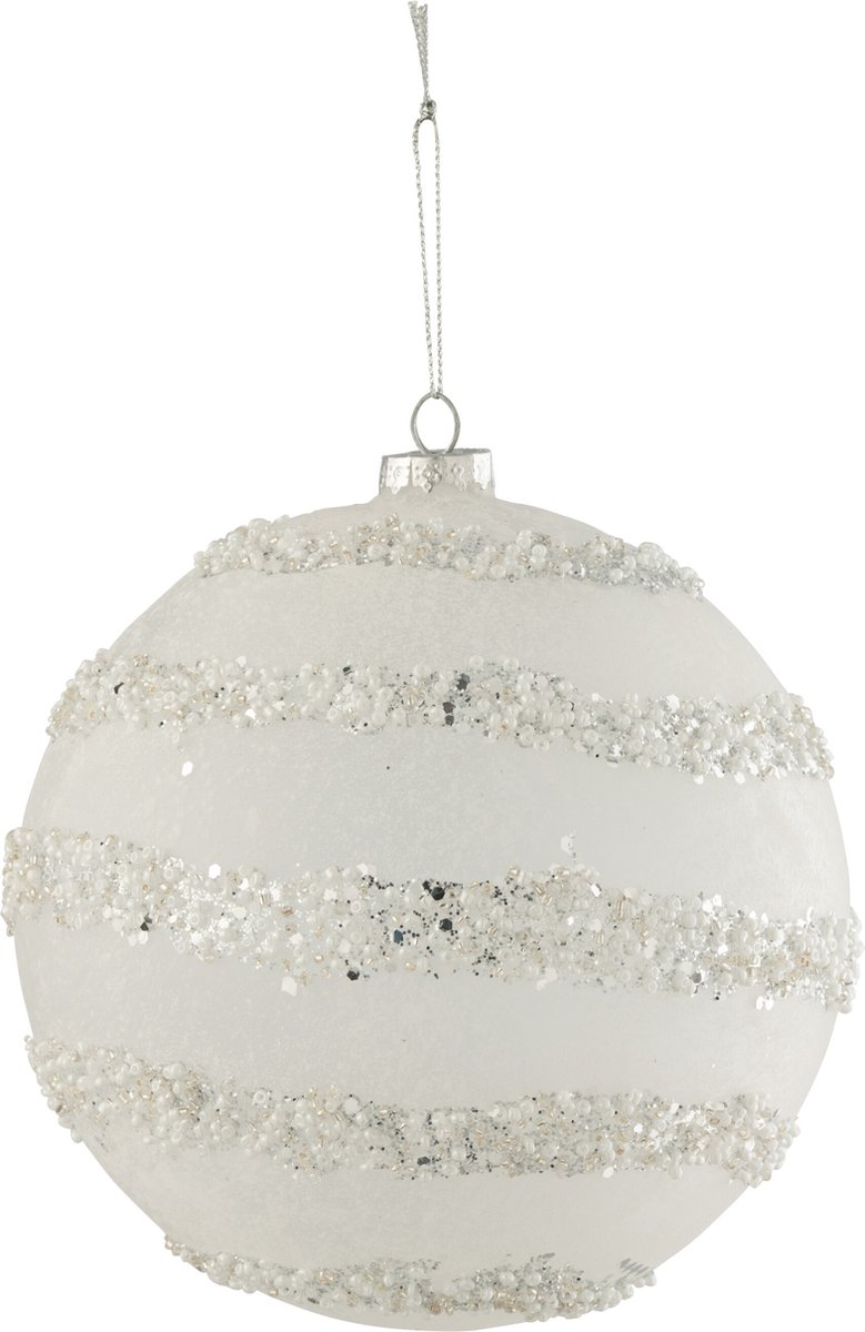 J-Line kerstbal Lijnen Glitter + Parels - glas - wit/zilver - extra large - 6 stuks