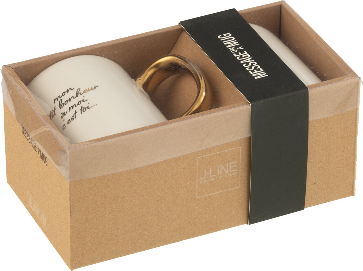 J-Line mok Bericht Bonheur - porselein - wit/goud - 2 stuks