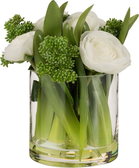 J-Line Renoncule + Vase Plastique Verre Blanc/Vert Small
