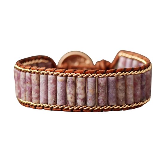 Marama - armband bruin leer roze Jaspis - roze edelstenen - damesarmband - verstelbaar - luxe armband