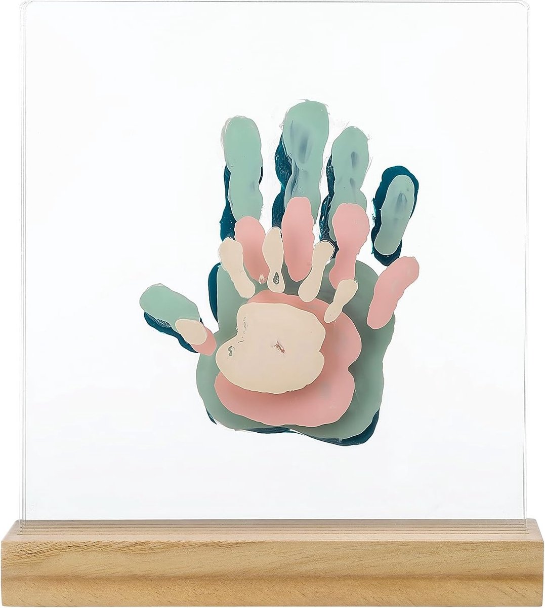 Goedkoopste Family Prints Voet/Handafdrukset voor het hele gezin, Fotolijst voor Baby's, Kinderen en Ouders, Cadeau-idee voor Geboorte, Transparant met Houten Sokkel, Afmetingen 20 x 21,6 x 6 cm
