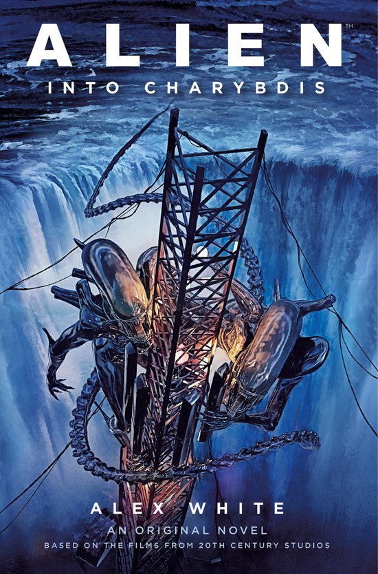 Alien: Into Charybdis-boek met op de voorkant een toren met drie xenomorphs en watervallen op de achtergrond.