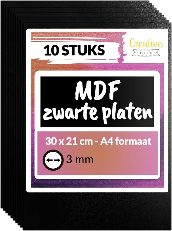 Verpakking van 10 zwarte MDF-platen van A4-formaat, 30x21 cm, 3 mm dik.