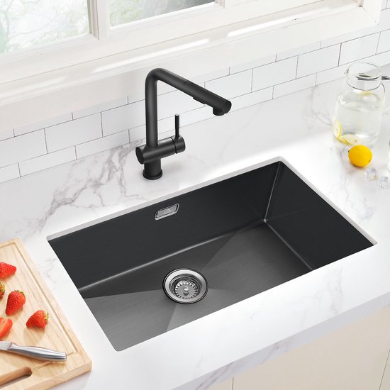 Auralum Spoelbak keuken 50x44cm, keukenspoelbak graniet, spoelbak zwart incl. sifon & afvoergarnituur, granieten spoelbak voor onderbouw / opbouw (50er onderkast