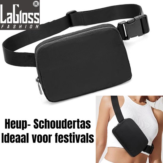 LaGloss® Ultieme Waterdichte Nylon Sport Heuptas Borsttas in Zwart - Ideaal voor Festivals en Outdoor Activiteiten - Waterdicht - crossbody tas - 20.5 x 14x 5 cm - kleur zwart