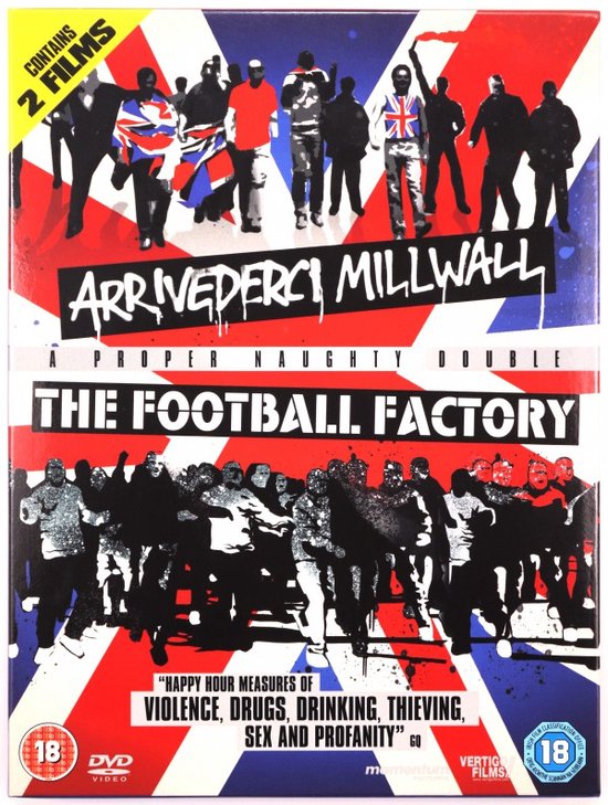 DVD-hoes met twee films. Bovenaan: 'ARRIVEDERCI MILLWALL', onderaan: 'THE FOOTBALL FACTORY'. Silhouetten van mannen en de Britse vlag.