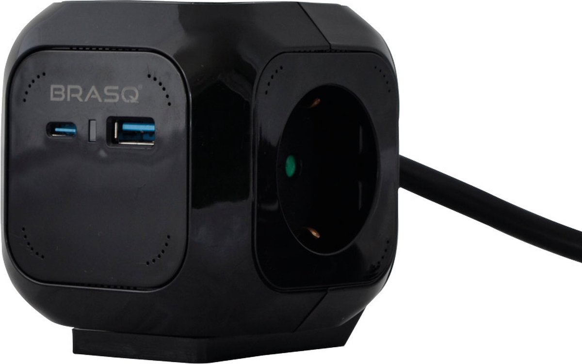 BRASQ Stekkerdoos met USB Zwart - 4-voudig incl. 1 USB en 1 USB-C - Powercube - Stekkerblok - Verdeelstekker - Reisstekker - 1,4 meter