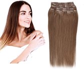 Clip In Hair Extensions| 100% Human Hair | Kleur: 6 Mid Bruin | 7 stuks 16 clips| 55cm 70 gram