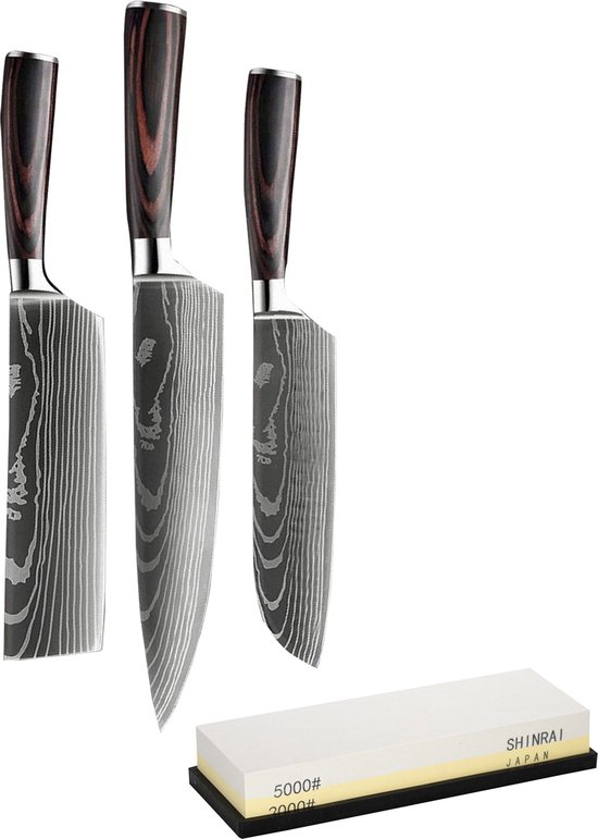 Shinrai Japan – 3-delige Messenset met Slijpsteen – Japanse Messen – Koksmes, Santoku mes en Nakiri mes