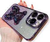 Telefoonhoesje Glitter - Geschikt voor iPhone 15pro - Met 3d luxe beer standaard - Schokbestendig - Transparant - Kleur paars