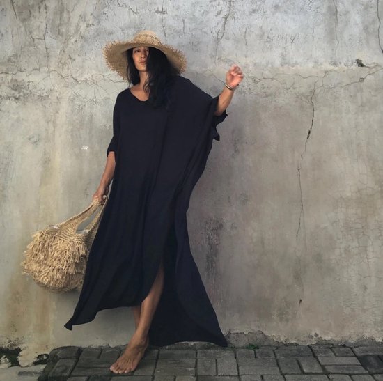 Robe de plage caftan femme - noir - taille unique - modèle long - 100% viscose - merveilleusement aérée et douce