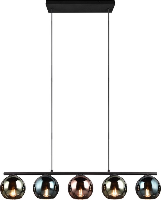 LED Hanglamp - Hangverlichting - Torna Seldy - E14 Fitting - 5-lichts - Zwart met Multicolor Glas