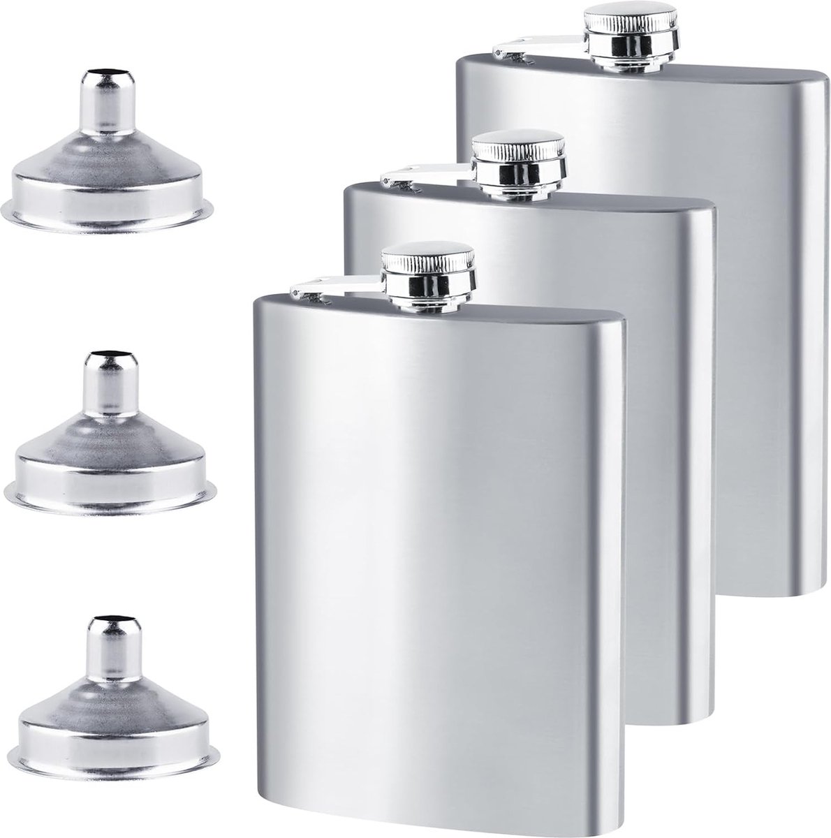 Goedkoopste 3 stuks roestvrijstalen heupfles met 3 stuks trechter, 8oz. 227 ml lekvrij, platte mannen, draagbare heupfles voor mannen voor kamperen, klimmen, picknick (zilver
