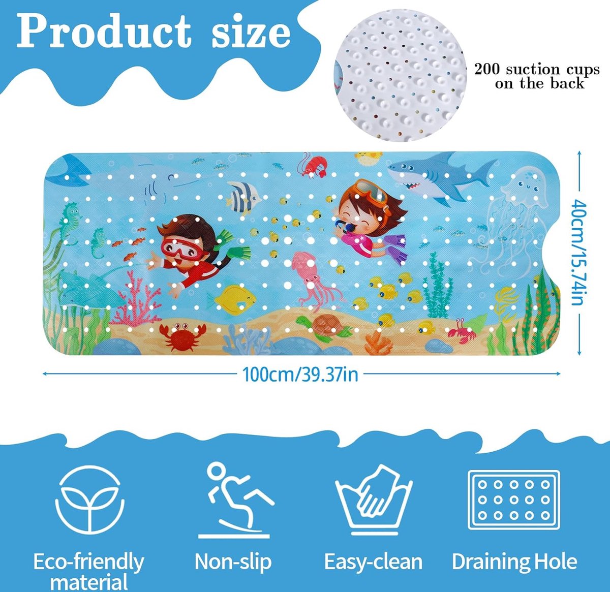 badmat antislip 100x40cm | BPA-vrij PVC-materiaal | Antislipmat, schimmelbestendig en machinewasbaar Douchemat voor kinderen en baby's met zuignappen | Huidgevoelige badmat