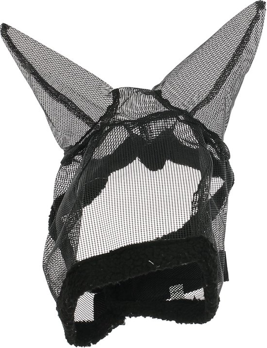 Zwart vliegenmasker met oren, teddy voering en klittenbandsluiting.