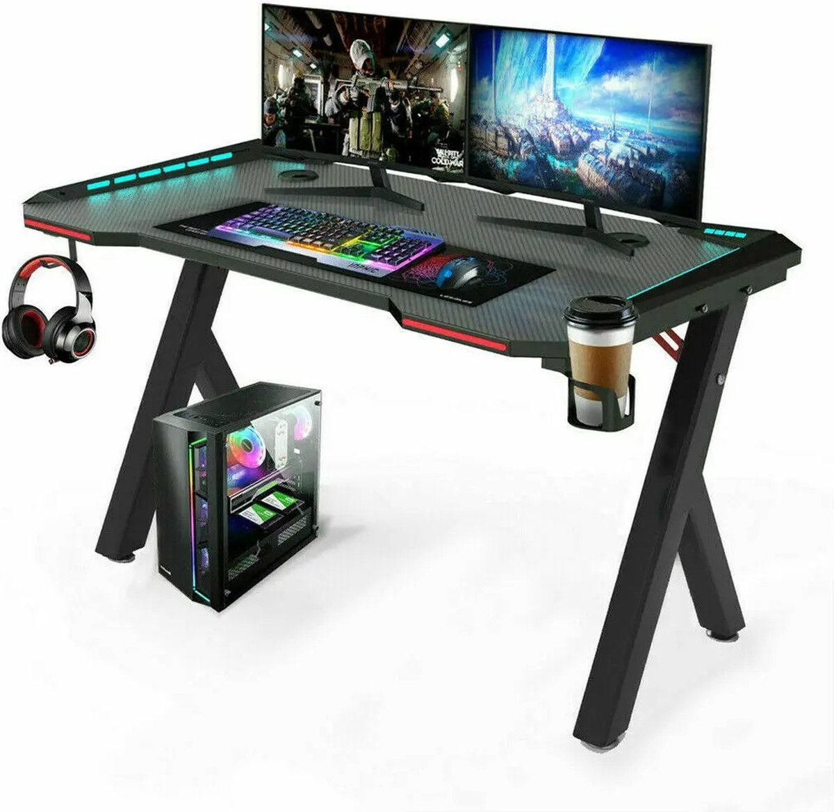 SureDeal® - Game Bureau - Led Verlichting - 120x60x74 cm - Kabelgoot - Bekerhouder - Koptelefoonhaak - Gaming - Bureau - Slaapkamer - Kantoor