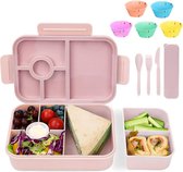 Kinderlunchbox met vakken 1300 ml 6 stuks, kinderlunchbox lekvrij met 4 vakken, Bento Box lunchbox met vakken voor kinderen volwassenen, ontbijtbox lunchbox voor jongens en meisjes roze