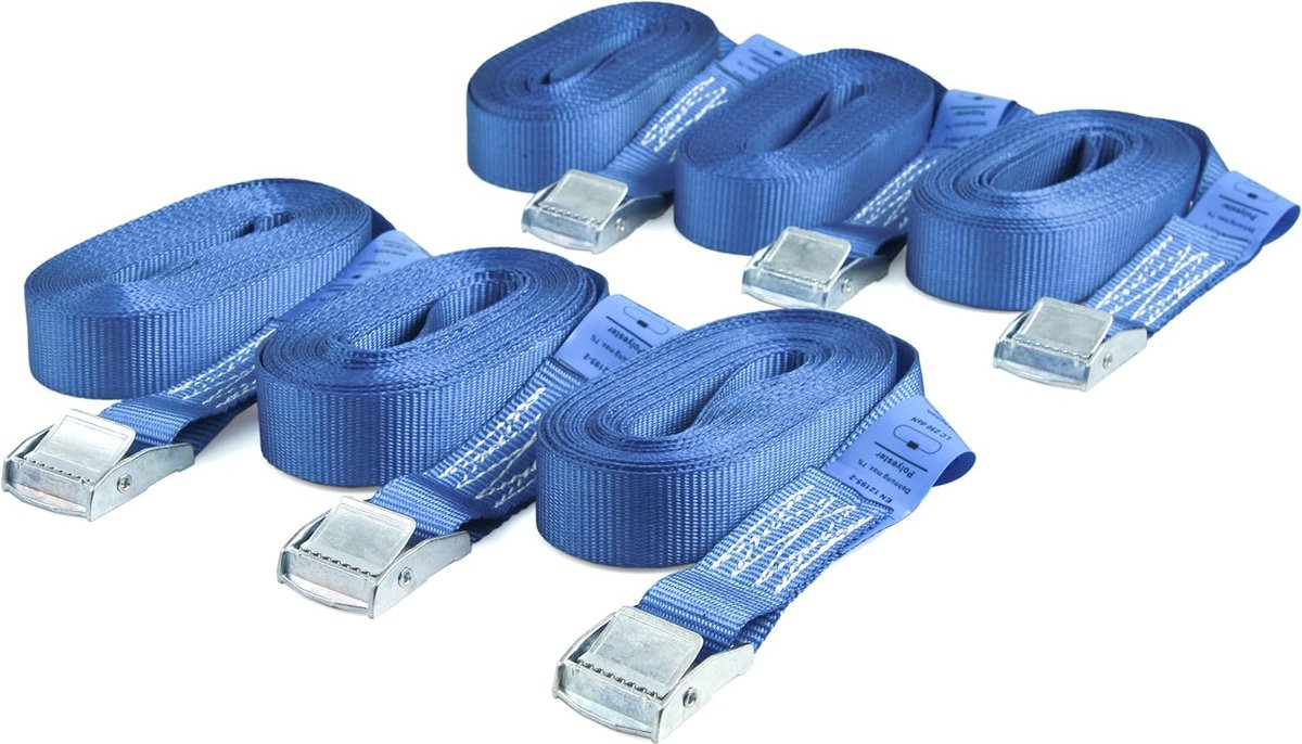 6 spanbanden, sjorbanden met klemsluiting, bevestigingsriem, belastbaar tot 250 kg, volgens DIN EN 12195-2, lengte 4 m breedte 25 mm, eendelig, blauw