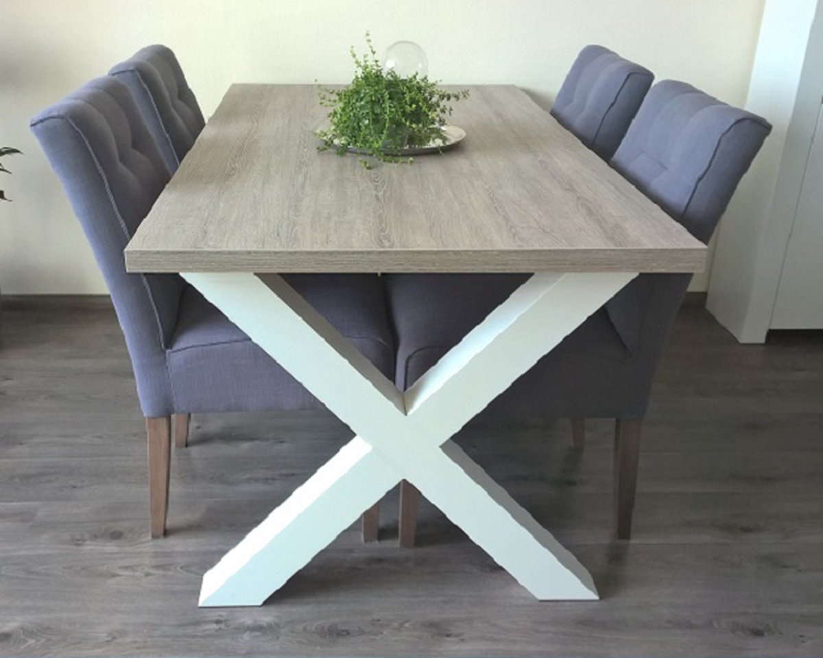 Ik Woon Modern Eettafel Milaan - Kruispoot - X poot - Grijs Eiken / Wit Onderstel - 90 x 195 cm Wit / Grijs Eiken