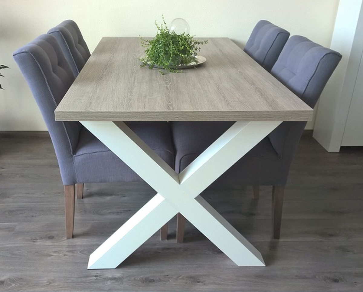 Eettafel Milaan - Kruispoot - X poot - Grijs Eiken / Wit Onderstel - 90 x 140 cm