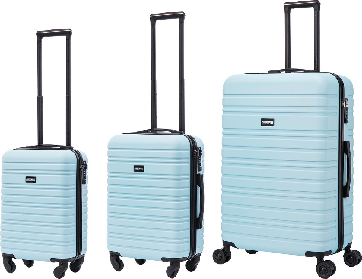 BlockTravel - kofferset - 3 delig - ABS - ruimbagage en handbagage - 29 39 en 95 liter - inbouw TSA slot - licht blauw