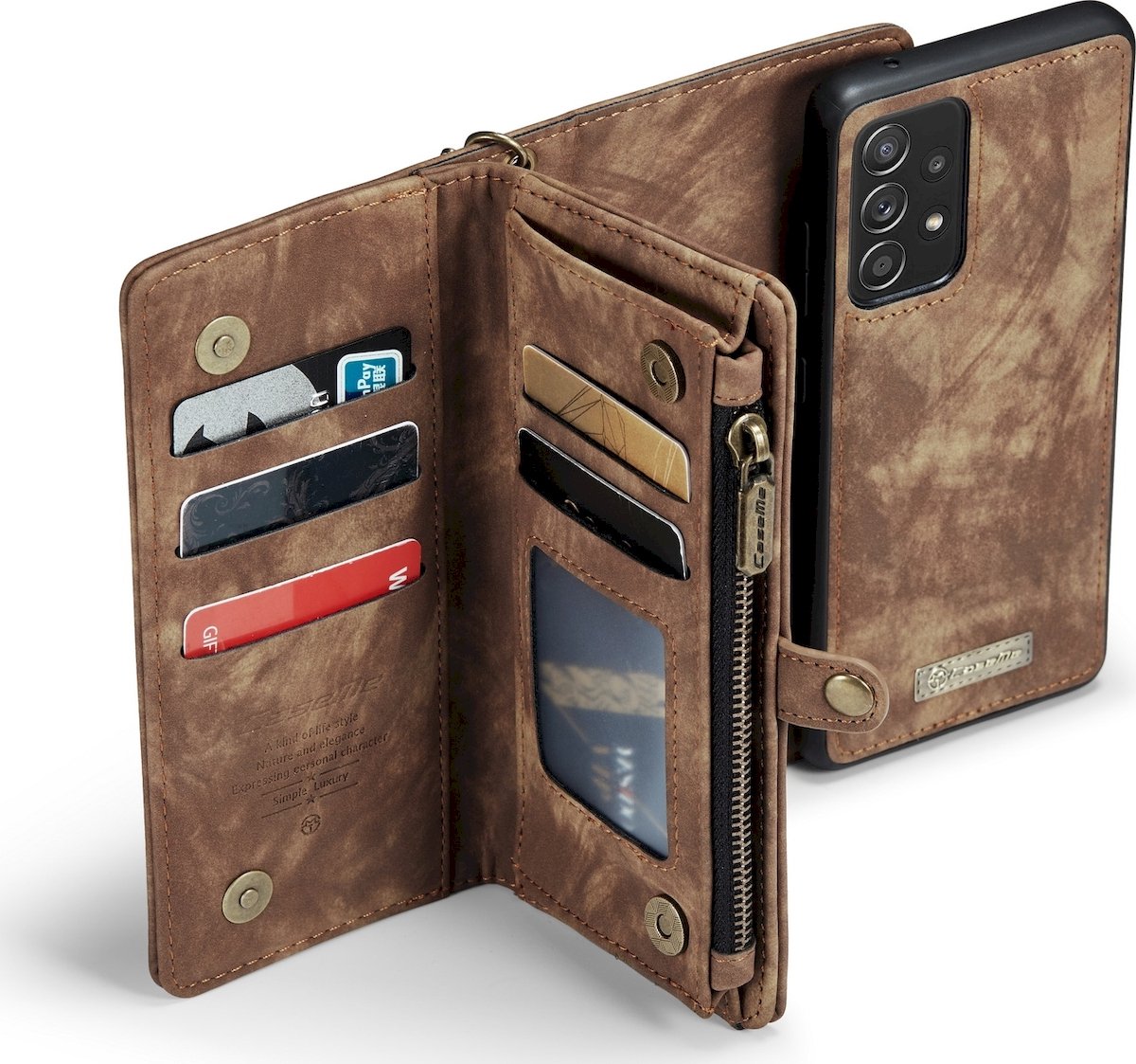 Caseme Telefoonhoesje geschikt voor Samsung Galaxy A52s 5G Hoesje | Caseme 008 Uitneembare 2in1 Bookcase Portemonnee | Pasjeshouder voor 8 Pasjes | Telefoonhoesje voor Pinpas / OV Kaart / Rijbewijs - Bruin