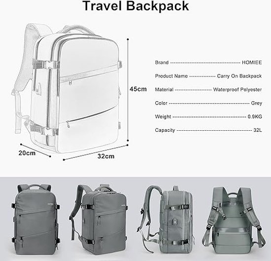 HOMIEE Reisrugzak, voor dames, inhoud 40 liter, vak voor 15,6 inch laptop, sportrugzak, weekendtas, dagrugzak voor werk, school, handbagage-afmetingen, USB-laadaansluiting HOMIEE Reisrugzak, voor dames, inhoud 40 liter, vak voor 15,6 inch laptop, sportrugzak, weekendtas, dagrugzak voor werk, school, handbagage-afmetingen, USB-laadaansluiting
