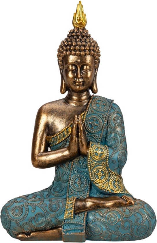 Statue Bouddha Shaman - intérieur/extérieur - pierre artificielle - or/jade - 20 x 30 cm