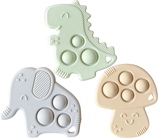 Anneau de dentition Bébé - Anneau de dentition en Siliconen - Anneaux de dentition - Jouets Bébé - Set de 3 figurines - Avec Pop It - Sans BPA - 100% Siliconen - Éléphant - Dinosaurus - Champignon