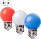 Set van 15 led lampen in kleuren Rood Wit Blauw, 1W - E27 Polycarbonaat kap - IP21 - Koningsdag