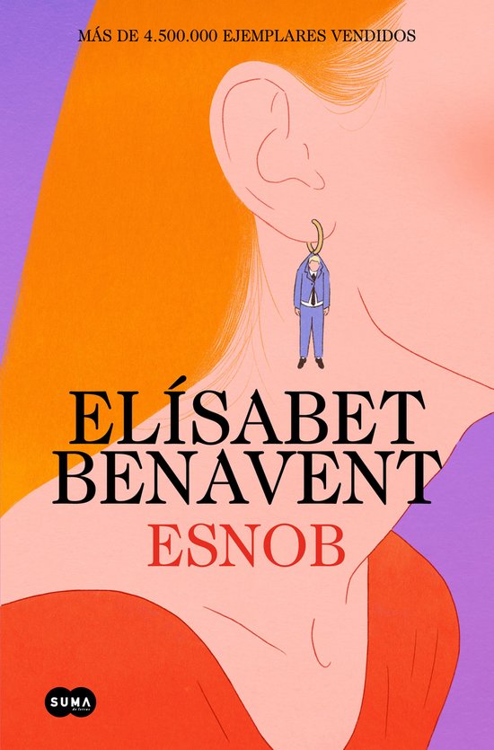 Boekomslag met oranje haar, paarse jurk en oorbellen met een figuurtje in een blauw pak. Titel: ELÍSABET BENAVENT ESNOB.
