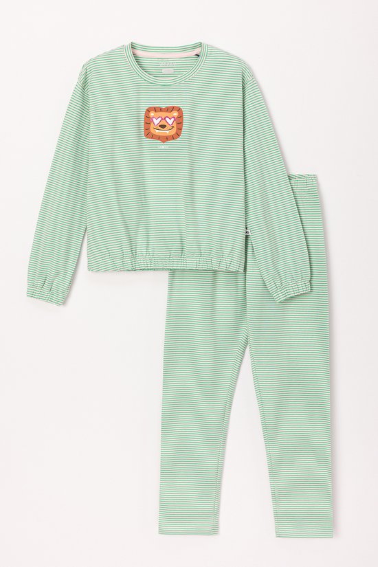 Woody pyjama meisjes/dames - lichtroze/groen gestreept - leeuw - 241-10-PZB-Z/912 - maat 176