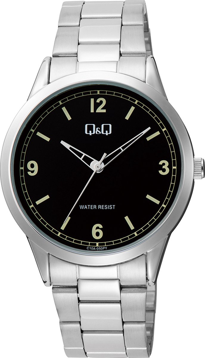 QQ-Horloge-Heren-Analoog-40MM-Stalen band-Zilverkleurig-Zwarte wijzerplaat