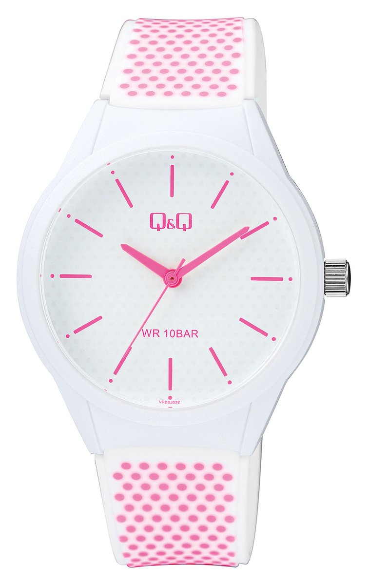 QQ VR28J032Y - Horloge - Sport - Analoog - Unisex - Plastic band - Rond - Streepjes - Kunststof - Wit - Roze - 10 ATM