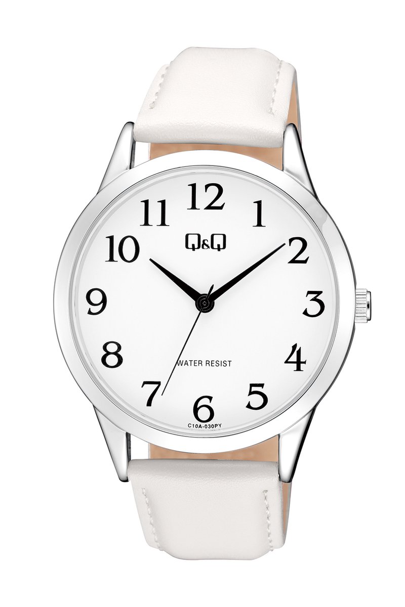 QQ C10A-030PY - Horloge - Analoog - Unisex - Leren band - Rond - Metaal - Cijfers - Wit - Zilverkleurig