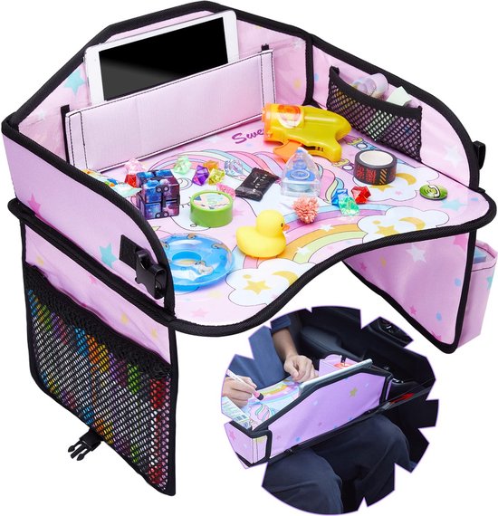 Kinderreistafel Lap Tray Kinderauto, Autotafel Kinderen Geschikt voor autostoelen, reizen, hoogwaardige autoreisaccessoires, kinderzitjespel (roze eenhoorn)