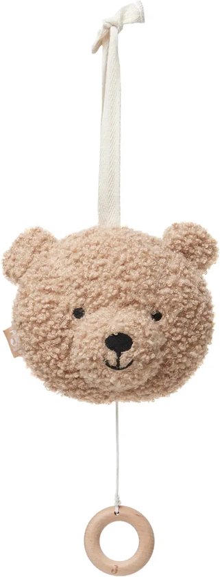 Lichtbruine teddybeer-muziekhanger met houten ring.