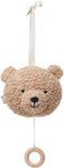 Lichtbruine teddybeer-muziekhanger met houten ring.