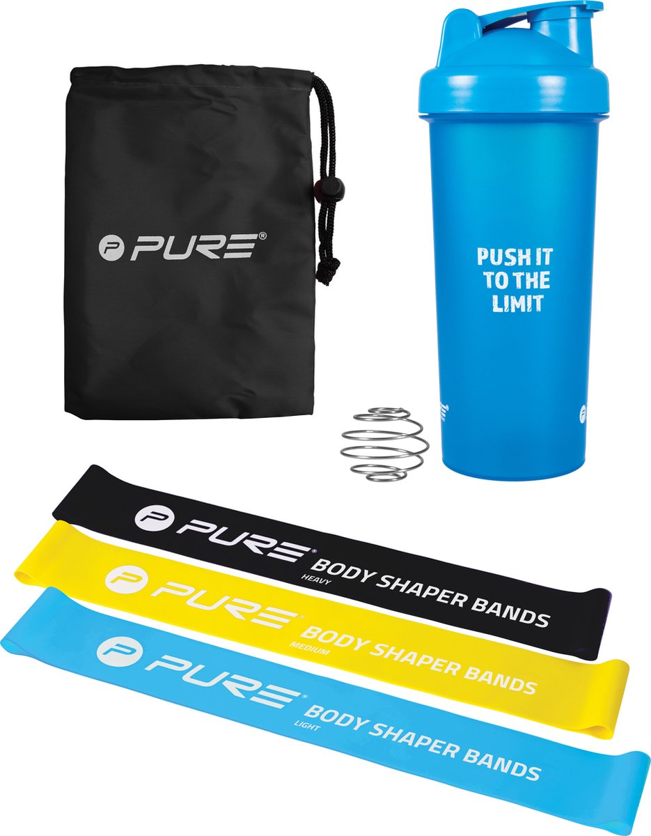 Goedkoopste Pure2Improve Shakebeker met 3 Weerstandsbanden - Shaker 700 ml - Resistance Band - Fitness Elastiek - Weerstandsbanden Set - Blauw