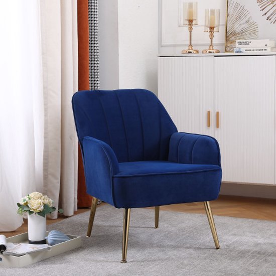 Chaises pour salon, chambre à coucher, bureau, loisirs, fauteuil simple rembourré, chaise confortable, chaise de lecture, club, café, avec pieds en métal (bleu)