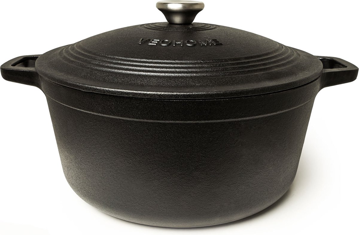 Braadpan en Stoofpot 6L- 28cm - Zwarte Mat Geëmailleerde Gietijzeren - Compatibel met Alle Kookoppervlakken, Inclusief Inductie