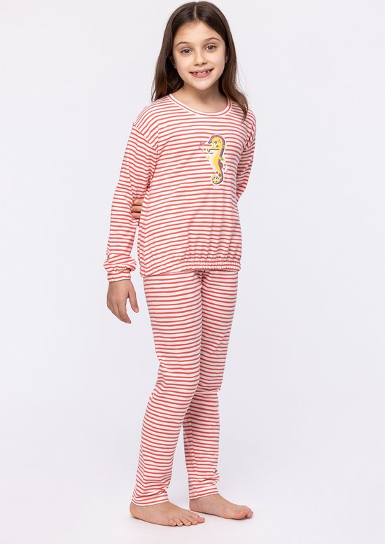 Woody pyjama meisjes/dames - koraal/wit gestreept - zeepaardje - 241-10-PZB-Z/922 - maat 98