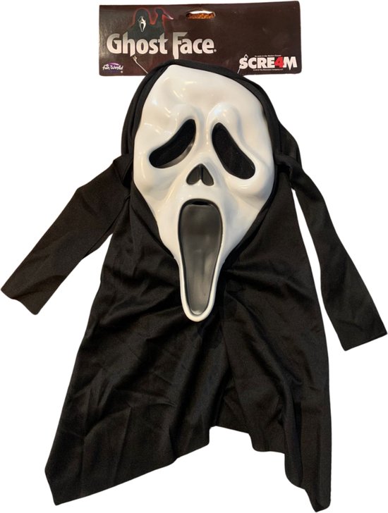 Spookgezicht masker met zwarte kap en verpakking van Scream 4.