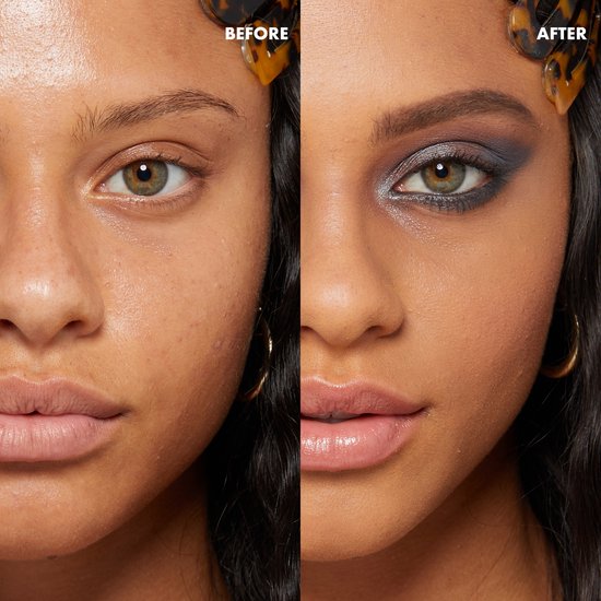 Vergelijking van een gezicht voor en na make-up. De 'na'-kant toont dramatische oogmake-up.