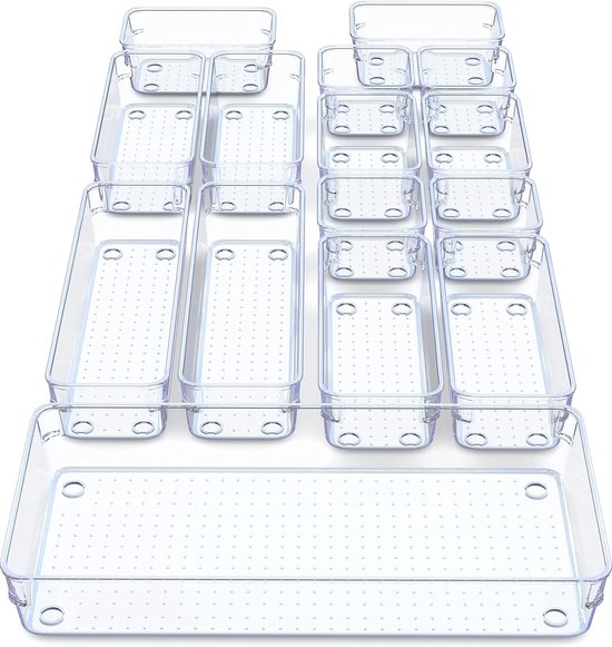 Foto: Set van 15 lade organisatoren doorzichtige ladeverdelers voor make up bureaulade organizer voor slaapkamer badkamer kantoor keuken voor cosmetica briefpapier bestek