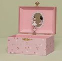Open roze muziekdoosje met bloemenprint, ballerina en spiegel.