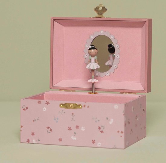 Open roze muziekdoosje met bloemenprint, ballerina en spiegel.